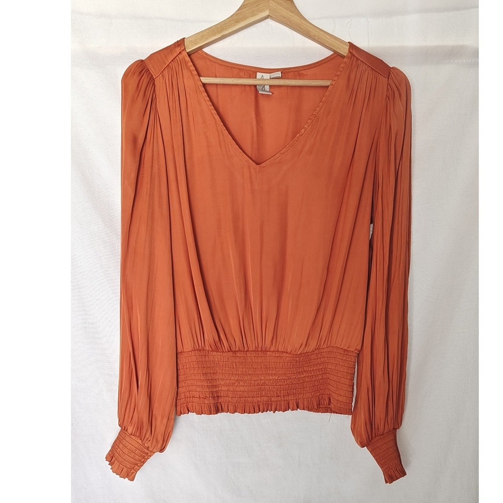 Joie Blouse Womens Medium Burnt Orange Smocked Waist V-Neck Long Sleeve Puff Top